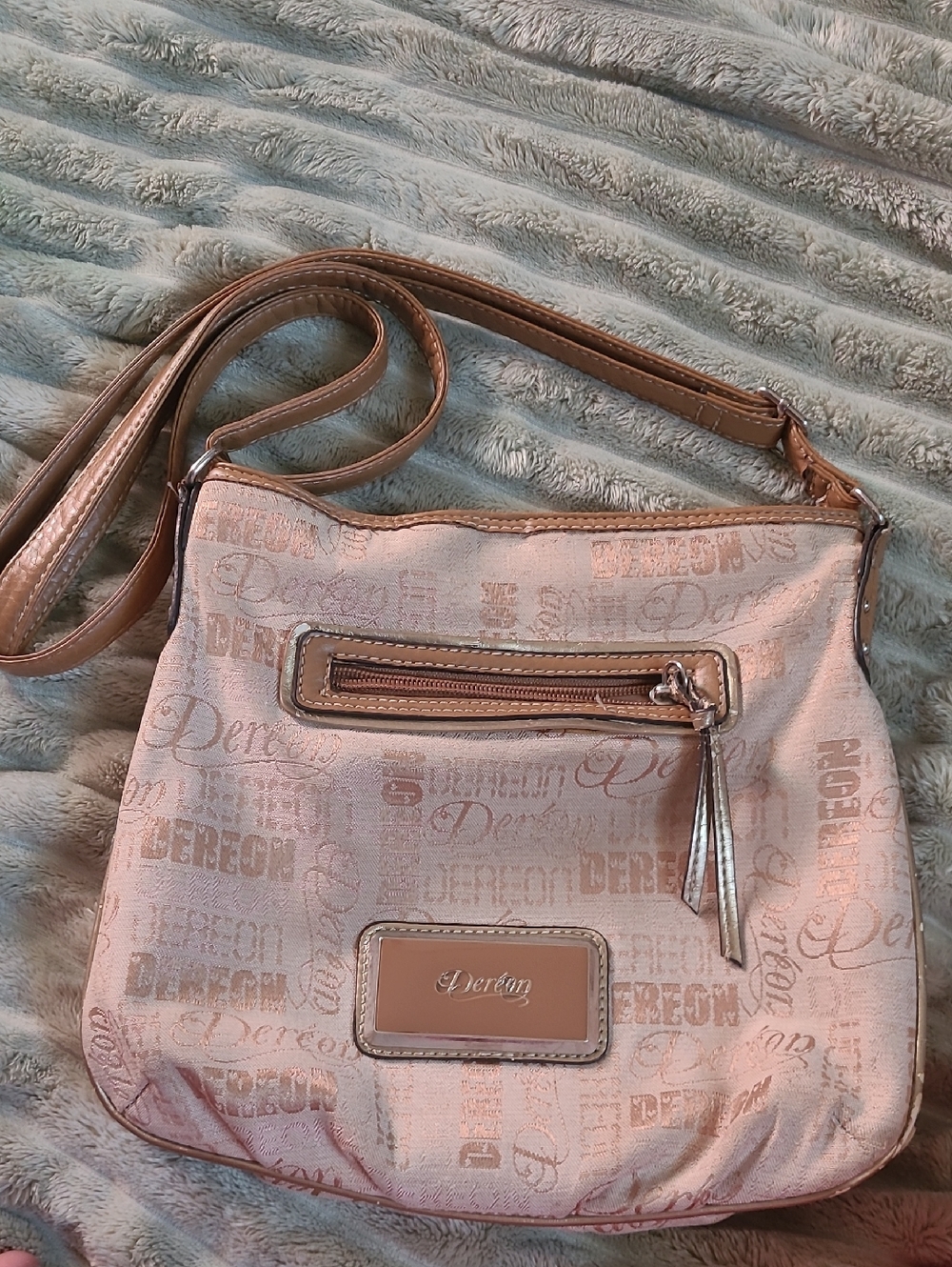 Dereon Beige Logo Jacquard Crossbody with Metallic Trim
